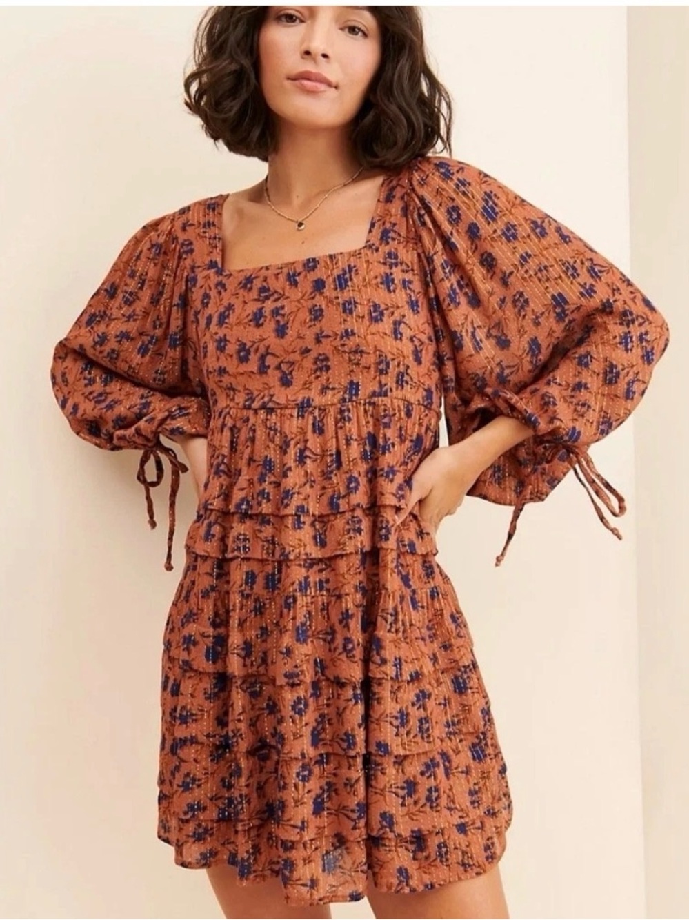 Jen’s Pirate Booty Free People Rust Orange Mini Dress with Blue Floral Print